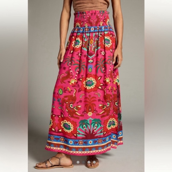 Farm Rio Skirt Smocked Printed Maxi in Pink Floral - Picture 4 of 8